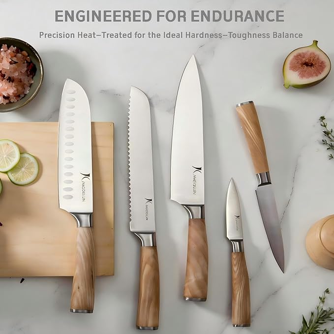 Kangdelun Ultra Sharp 14-Piece Kitchen Knife Set, High Carbon Stainless Steel Blades, Torrefied Natural Wood Handles, Ergonomic Design, Space-Saving Black-Finished Wood Block, Easy Hand Wash, Gift Box