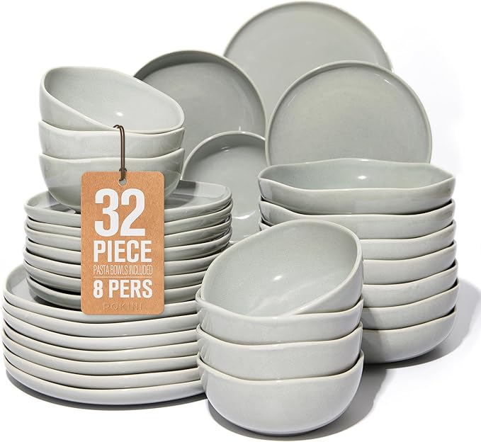 32 Piece Dinnerware Set for 8 with Pasta Bowls, Gray Green Reactive Glaze Stoneware | All‑in‑One Host Set for Entertaining, Holiday Meals, Multi‑Course Dish Set | Unique Irregular Look