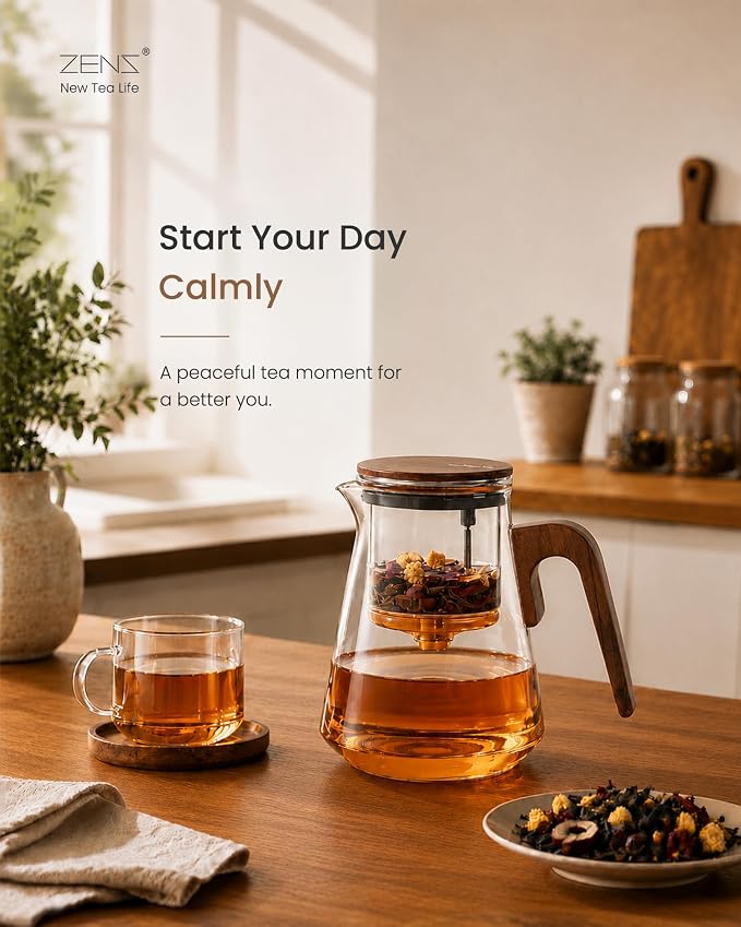 ZENS Magnetic Glass Infuser Teapot for Loose Tea, 27oz Walnut Wood Handle | Magic Teapot with Infuser, Echanted Tea Maker, Mess-Free Loose Leaf Tea Diffusers for Tea lover Gifts