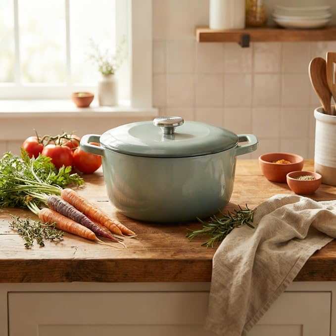 5QT Enameled Cast Iron Dutch Oven,Concave Self-Basting Lid,Green | Versatile,heavy-duty Large Dutch oven,PFAS-free,oven safe to 500°F,sourdough,braising/stews/roasting,Housewarming Gift(Jade)