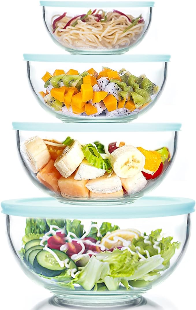 WhiteRhino 8 Piece Glass Bowls with Lids, Heat Resistant Glass Mixing Bowls Set (3.7QT, 2.1QT, 1.1QT, 0.53QT), Clear Salad Bowls with BAP-Free Lids for Kitchen, Oven Microwave Dishwasher Safe