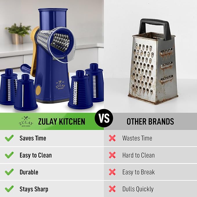 Zulay Kitchen Rotary Cheese Grater 5 Blade Cheese Shredder - Manual Hand Crank Cheese Grater With Reinforced Suction & 5 Interchangeable Drums - Easy to Use, Vegetable Chopper Round Mandoline Slicer