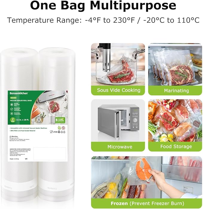 Bonsenkitchen Vacuum Sealer Bags Rolls for Food, 2 Packs 11" x 20' | Heavy-Duty Textured Material Bag, BPA-Free, Commercial-Grade, Custom-Length Bag for Food Storage & Sous Vide