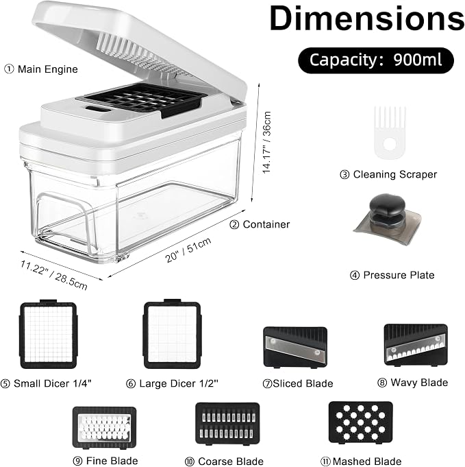 Vegetable Chopper, Professional Food Chopper &Onion Chopper, Veggie Cutter for Salad with 7 Blades and 900mL Container, Kitchen Gadgets & Gift, Home Essentials