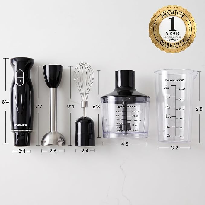 OVENTE Electric Hand Blender Set with 2 Mixing Speeds, 300W Black HS565B | Corded Immersion Handheld Stick Mixer with Stainless Steel Blades, Egg Whisk, Beaker & BPA-Free Food Chopper