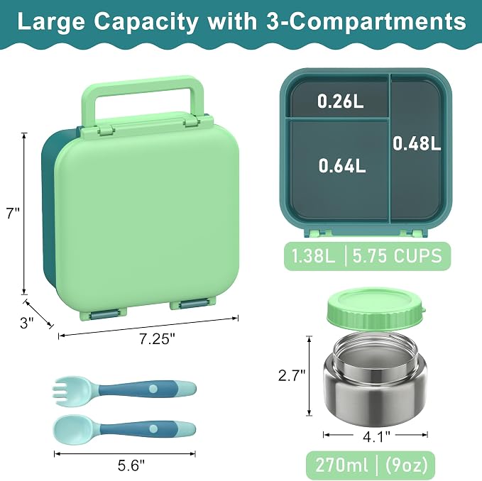 Kids Bento Lunch Box with Soup Thermo (9oz)– Hot & Cold Lunch Container with Leak Proof Insulated Food Jar for School Girls Boys, Ideal Size for Ages 3 to 7, Green