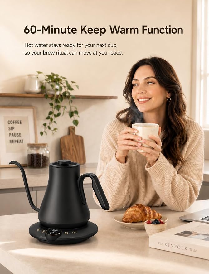 Cocinare Gooseneck Electric Kettle, ±1°F Precise Temperature Control, 1500W Fast Heating, Pour Over Coffee & Tea Kettle with Brew Timer & Keep Warm, Stainless Steel, 0.9L (Matte Black)