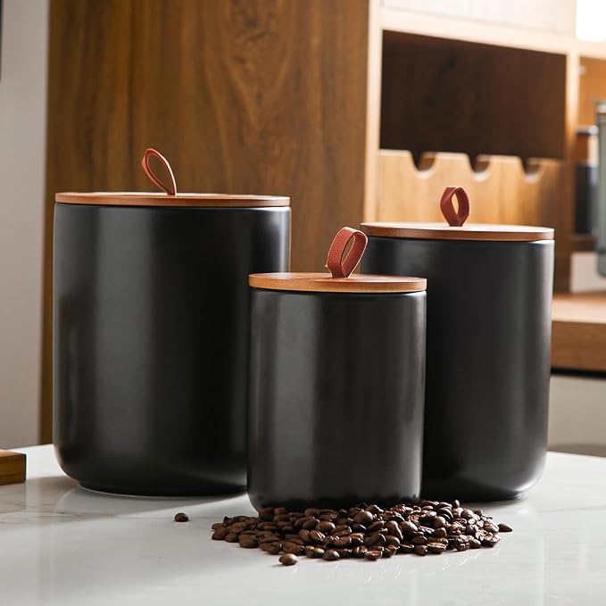 Mowtanco Black Ceramic Canister & Jar Set, Airtight Bamboo Lids 3-Piece | 30/48/82 oz airtight storage containers jars for flour, sugar, tea, coffee, pasta, nuts, kitchen counter canister set