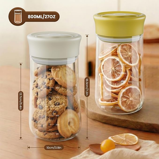 Airtight Glass Storage Jar 27 oz, Easy Open 1/4-Turn Lid Coffee Container | Easy-Open Quarter-Turn Lid, Airtight, Food Grade, Transparency, with Scale