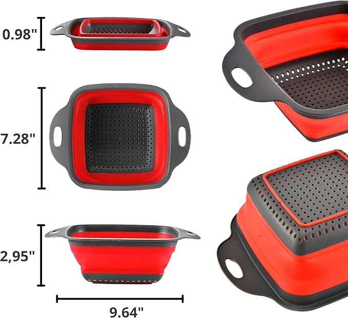 Square Collapsible Colander with Handles – Red Square Silicone Kitchen Strainers with Plastic Handles Foldable Kitchen Strainer Perfect for Draining Pasta Vegetable and Fruit Red