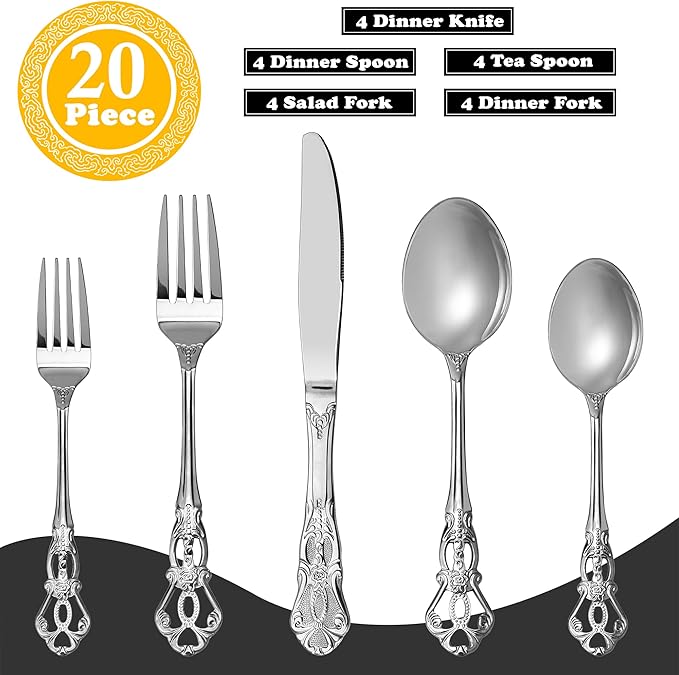 Runfly Gorgeous Retro Royal Silver Stainless Steel 20-Piece Flatware Set | Silverware Set for 4, Anti-rust Cutlery Set Utensils Kitchen Including Fork Spoon and Knife