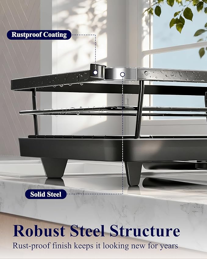Kitsure Dish Drying Rack for Kitchen Counter, 12''W x 15.5''L, Black | Stainless Steel Sink Organization, Cutlery Holder, Home and Appartment Decor