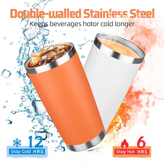 20 oz Tumbler with Lids and Straws, Stainless Steel Insulated Travel Coffee Mug, Double Wall Vacuum Insulated Tumblers, Powder Coated Coffee Tumbler for Cold & Hot Drinks (Orange)