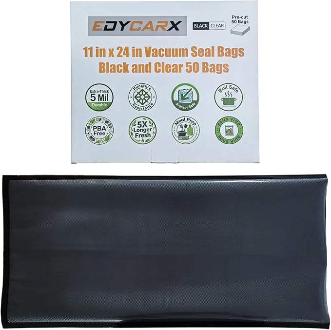 11" x 24" Vacuum Seal Bags Black and Clear, Heavy Duty 5 Mil, 50 Count | Precut Vacuum Sealer Bags for Food Storage, Commercial Grade