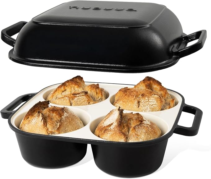 QuadPro Enamelled Cast Iron Bread Loaf Pot – Dutch Oven for Sourdough Bread Baking – 500°F Oven Safe Non Stick Bread Pot – 4 Round Loaf Spaces (4.90-inch Diameter), Black – by Nuovva