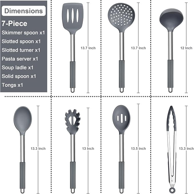 E-far Silicone Cooking Utensils Set, 7-Piece Gray Kitchen Utensils Set | Heat Resistant Nonstick Cookware with Stainless Steel Handle, Slotted Turner, Spoon, Soup Ladle, Pasta Server, Skimmer, Tongs