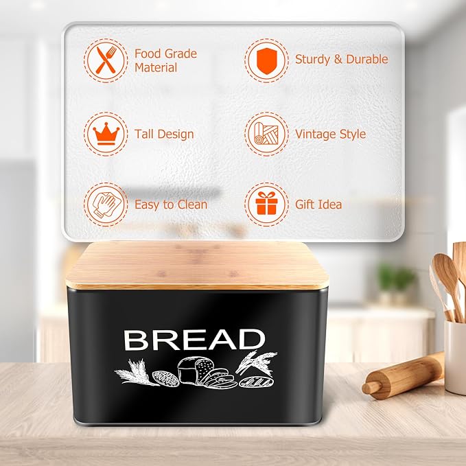 JIGUOOR Black Bread Box, Extra Large Space Saving Vertical Metal Bread Box | with Wooden Cutting Board Lid, Holds 3 Loaves, Farmhouse Kitchen Bread Storage, Kitchen Parts Box 12.99" x 7.08" x 7.08"