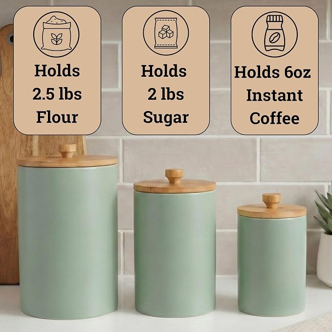 Ceramic Kitchen Canisters for Countertop Set of 3 w/ Airtight Bamboo Lids | Thick Sturdy Ceramic, Matte Finish, Airtight Easy Open Bamboo Lids, Comfortable Bamboo Handles, Jar Volumes: 2, 1, 0.5 quarts