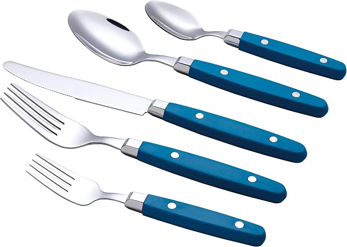 ANNOVA Silverware Set, Retro/Rivet Colorful Stainless Steel Tableware Kitchen Flatware Set Utensils, Includes Dinner Knives, Forks, Spoons, Salad Forks & Dessert Spoons (Blue, 20 Pieces)