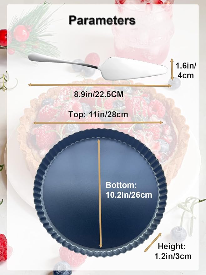 11 Inch Quiche Pans with Cake Server. Removable Bottom, Non-Stick Coating, Rugged Carbon Steel for Tart Quiche Pie Baking. Gift for Women Wife Christmas Thanksgiving Party Festival Family