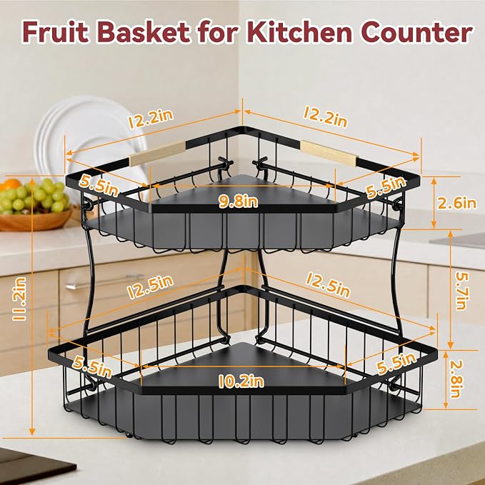 2 Tier Fruit Basket Extra Large with 2 Banana Hangers for Corner | Detachable Metal Fruit Bowl with Wooden Handle, Large Capacity Fruit Stand for Bread Fruit and Vegetable Storage, Black