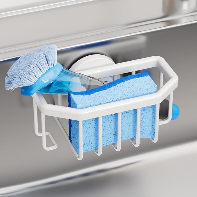 TAILI Sink Caddy with Strong Suction Cup, Sponge Holder for Sink-White | for Kitchen Sink Organizer, Removable Sponge Caddy Inside Sink, Rustproof Aluminum Holder for Sponges, Brushes, Scrubber