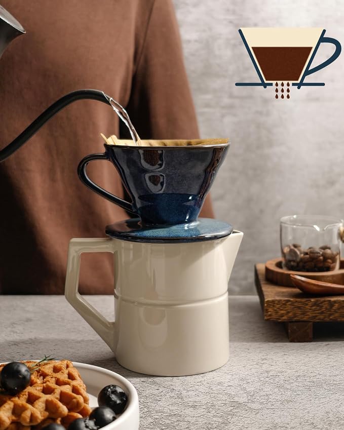 Pour Over Coffee Maker, Single Cup Ceramic Coffee Dripper, Reusable Filter Cone Drip Holder Slow Brewer with Hole Flat Bottom for Home, Office, Travel, Camping (Blue)