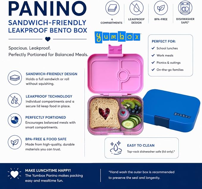 Yumbox Panino Leakproof Bento Lunch Box, Power Pink Rainbow | Sandwich-Friendly Tray, BPA-Free, Easy-Open Latch, Lightweight, Compact