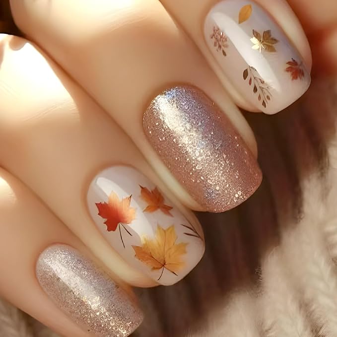 Fall Press on Nails Medium Square Fake Nails with Maple Leaves Glitter Designs Nails Press ons Orange Yellow Nude Glue on Nails Full Cover Stick on Nails for Women 24 Pcs