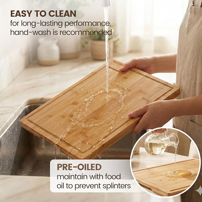 Kikcoin Bamboo Cutting Boards for Kitchen Set of 3, Extra Large Wood Cutting Board with Rotating Kickstand & Juice Groove, Wooden Chopping Board for Meats Veges Fruits, Heavy Duty Serving Tray