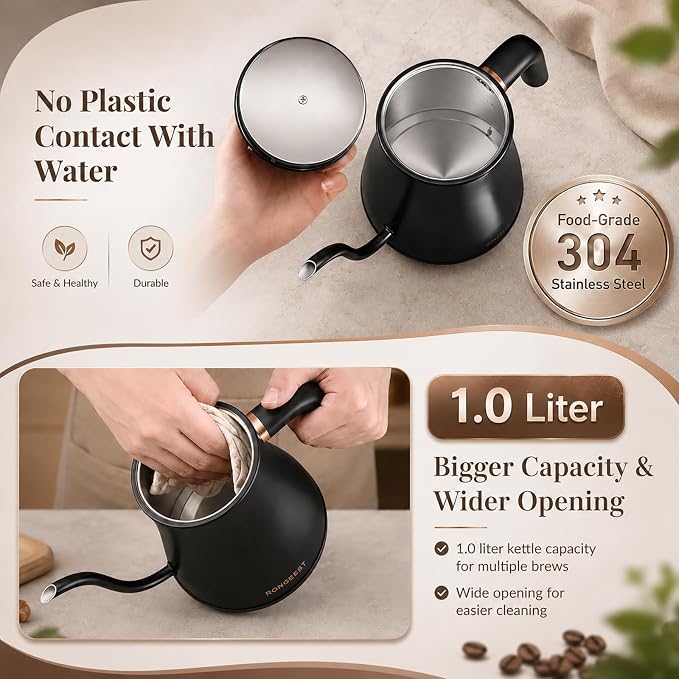 1L Electric Gooseneck Water Kettle with 6 Temperature Control Presets | Stainless Steel Inner & Lid, 2H Keep-warm,1200W Quick Boiling for Pour Over Coffee & Tea Pot, Auto Shut-off, Matte Black