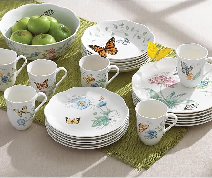 Lenox Butterfly Meadow Porcelain 18-Piece Dinnerware Set for 6 | ceramic, dishwasher safe, microwave safe | plates and bowls sets for kitchen and dining | 10.75 inch plate