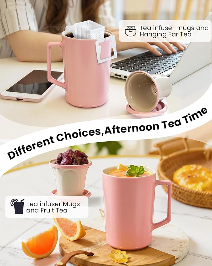 15 OZ Porcelain Tea Infuser Cup with Lid,Ceramic Tea Mug with All-Porcelain Strainer for Loose Leaf Teas,Microwave and Dishwasher Safe Tea Mug,Metal-Free,BPA-Free for Tea-Lover/Birthday Day(Pink)