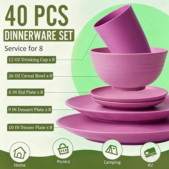 Wheat Straw Dinnerware Set 40 PCS | Service for 8 | Unbreakable Plates and Bowls Sets Plastic Reusable Dishes Sets Dinner Plates, Cereal Bowls, Water Cups Kitchen Set for Home RV- Pink