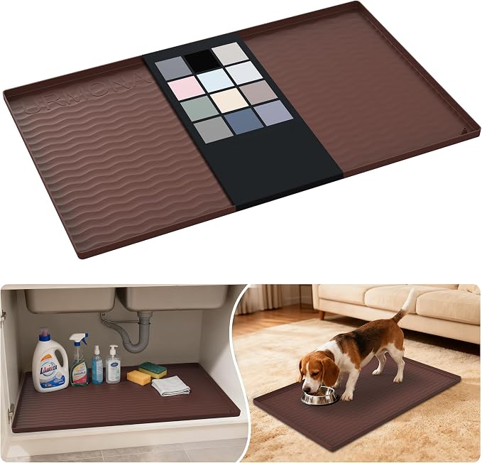 URMONA Waterproof Silicone Under Sink Mat 31'' x 19'' Shelf Liner for Kitchen and Bathroom, Cabinet and Counter Protector, Storage and Organizers, Litter Mat, Pet Cat Puppy Essentials(Brown)