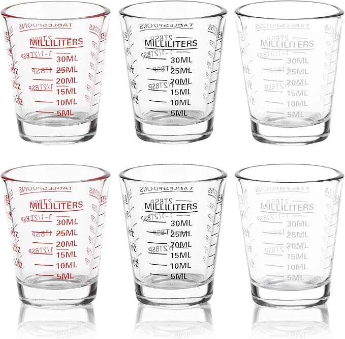Shot Glass Measuring Cup Set, 6 Pack Espresso Shot Glasses (Mixed Colors) | Glass measuring cups feature 26 markings up to 1 OZ, 2 TBS, 6 TSP, 30 ML for espresso, liquor, medicine and recipes