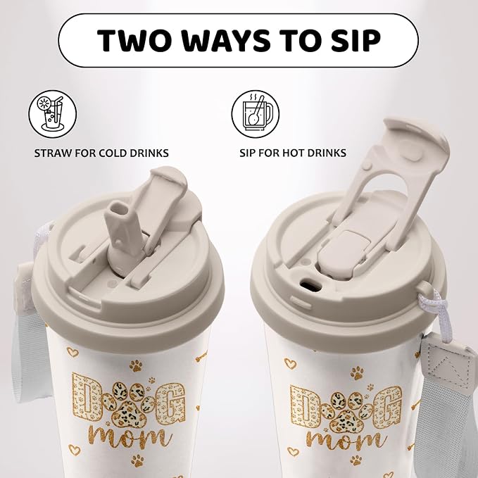 Dog Mom Tumbler Stainless Steel 2-in-1 Lid Coffee Tumbler 18 oz Dogs Lovers Insulated Travel Coffee Mug Dog Mom Gift Water Bottle for Women Girls Birthday Christmas