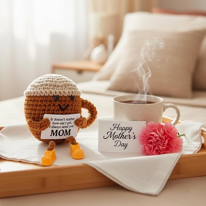 Birthday Gifts for Mom from Daughter Son Kids, Cute Crochet Coffee Lover Gift, Funny Meaningful Small Gifts for Women Handmade Desk Decor Mothers Day