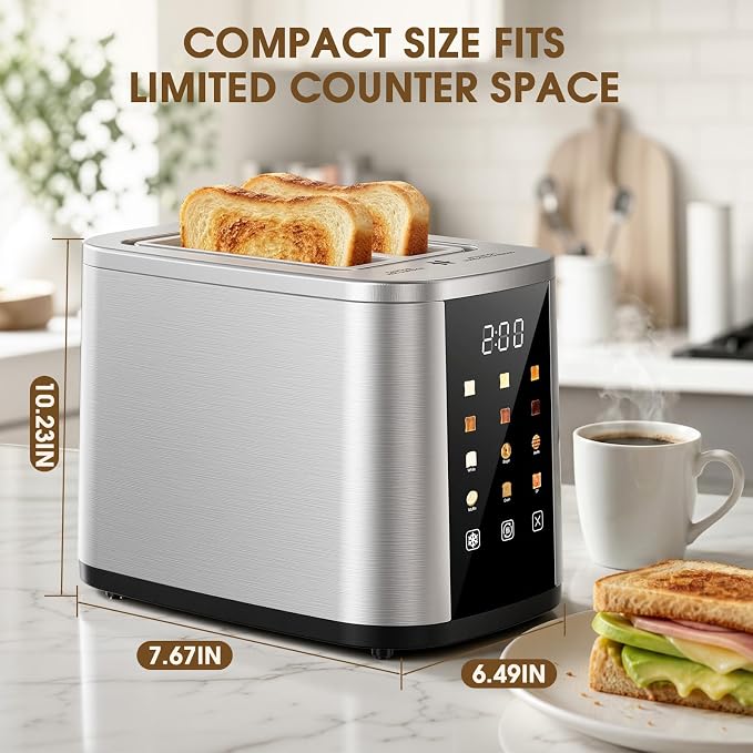 Foyoconven 2 Slice Toaster with Touch Screen, 1.5" Extra Wide Slots for Bagels & Thick Bread, Stainless Steel, Digital Countdown Timer, 6 Shade Settings, Defrost/Reheat/Cancel, Removable Crumb Tray