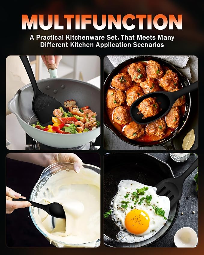 Silicone Cooking Utensils Set, Safe for Nonstick Cookwares, Black | Perfectly Angled for Frying, Mixing,Serving,Draining,Turning and Stirring, BPA-Free Matte Silicone, Wood Handles,4 Pack