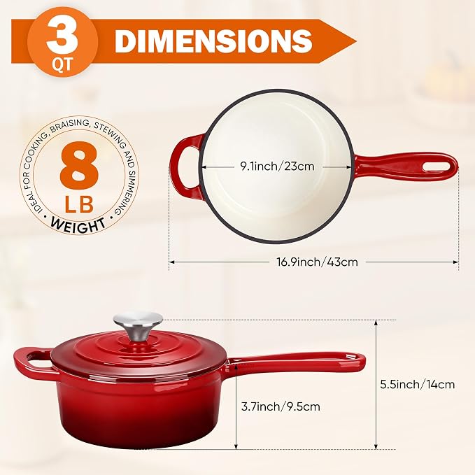Homikit 3 Quart Saucepan with Lid, Enameled Cast Iron Sauce Pan, Enamel Cast Iron Cooking Pot Mini Dutch Oven Kitchen Cookware for Making Pasta, Boiling Soup, Warming Milk, Red