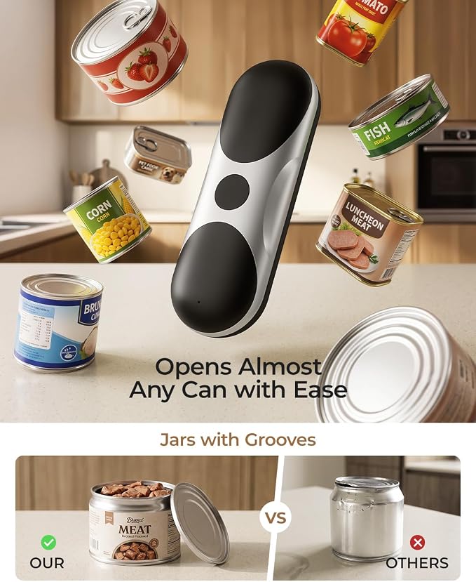 One-Touch Automatic Electric Can Opener for Seniors with Arthritis | Cordless Battery Powered, Side Cut, Smooth Edge, Handsfree, for Any Size Cans