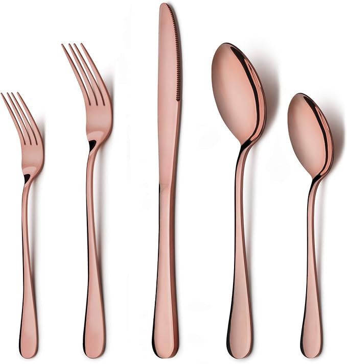 LIANYU Copper Silverware Flatware Set, 20 Piece Stainless Steel Cutlery Set | Service for 4, Mirror Finish, Ideal for Home Hotel Wedding Festival Party, Dishwasher Safe