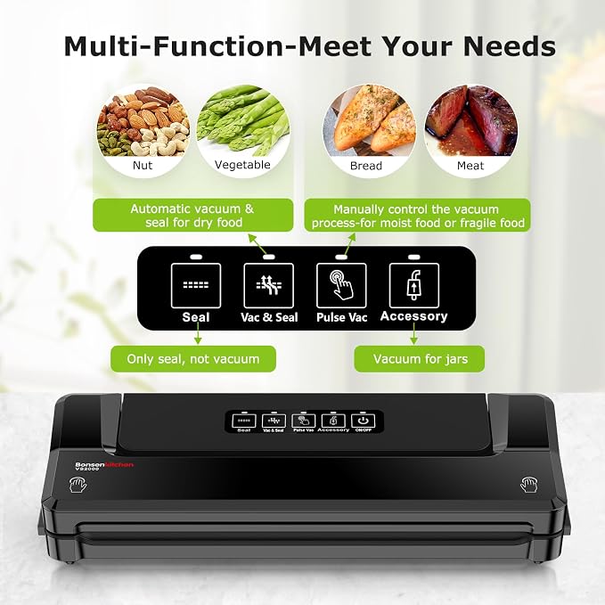Bonsenkitchen Vacuum Sealer Machine With 5 Vacuum Bags,Black | Compact Food Sealer for Sous-Vide & Meal Prep,Multiple Modes,External Vacuum System,6x Longer Freshness
