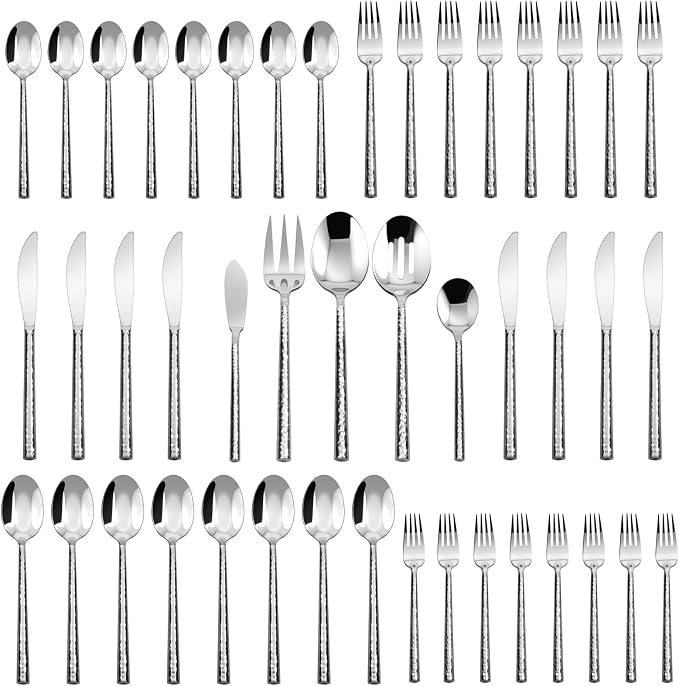 Silverware Set Hammered 45 Piece with Serving Set Service for 8 | 18/10 Stainless Steel Flatware Set, Heavy Duty Utensil, Cutlery Set for Home Party Wedding, Mirror Polished Dishwasher Safe