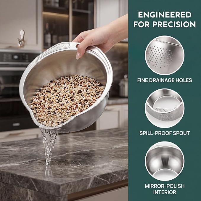 2 Pack Rice Washer Strainer Bowl, Stainless Steel Colander | Kitchen Washing Bowl with Side Drainers, Versatile Tool Accessories for Cleaning Fruit, Vegetables, Beans, Pasta