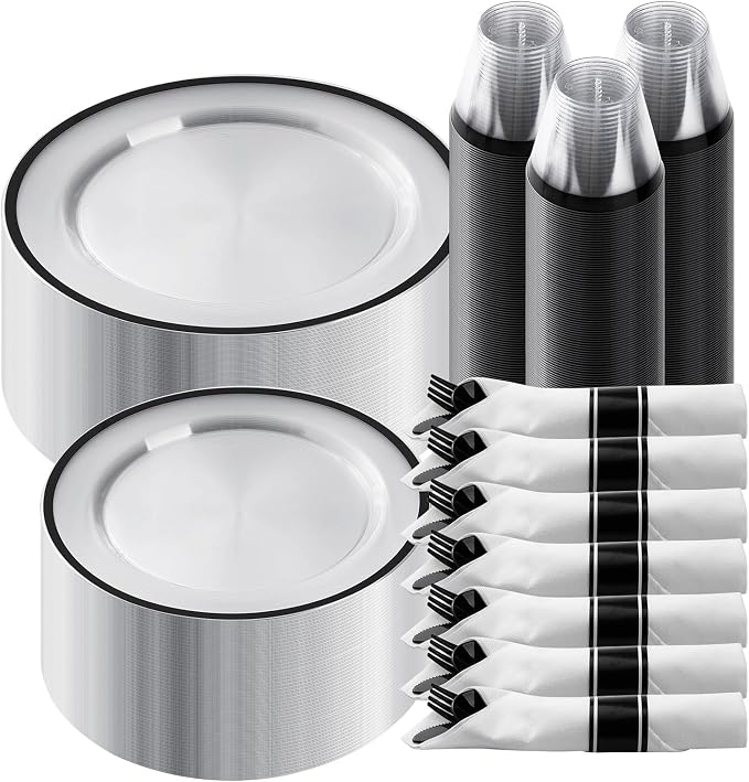 350 Pcs Clear Plastic Plates with Black Rim, Plastic Dinnerware | Disposable Plates for 50, Includes 100 Plates, 50 Pre Rolled Napkins with Cutlery Set, 50 Cups, for Graduation Party
