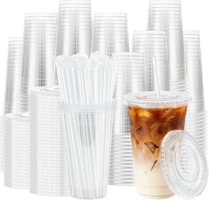 Lamosi 500 Pack 20 oz Clear Plastic Cups with Lids and Straws | Disposable Plastic Cold Cups for Iced Coffee, Smoothies, Parties, Picnics, Office Drinks, Light To-Go Use and Easy Cleanup