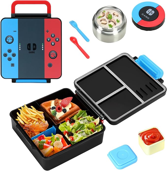 Bento Lunch Box for boys,60 OZ Insulated Bento Lunch Box with 8OZ Leakproof Insulated Food Jar, 3-4 Compartments Bento Box for School, BPA-Free Dishwasher Safe