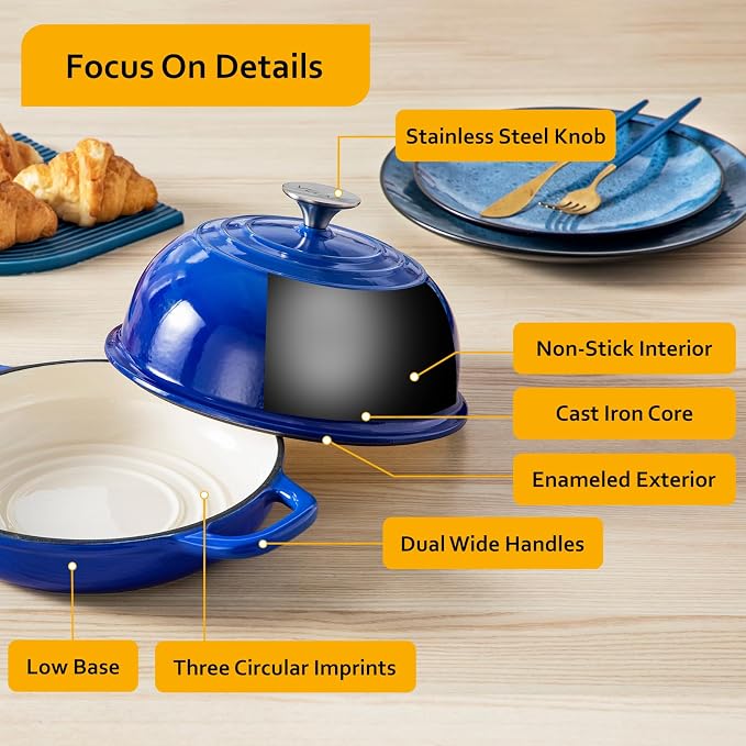 Velaze 5 QT Enameled Cast Iron Dutch Oven for Bread Baking with Dome Lid | Traps Steam for Crispy Artisan Sourdough Bread,Oven Safe,Ergonomic Handles,Gift for Bakers and Bakery Style Loaves,Blue
